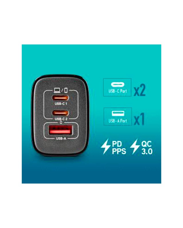 Cargador de pared ngs gan ultrarapido para portatil de 65w con 3 puertos: 2 usb-c y 1 usb-a