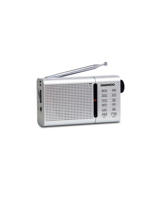 Radio portatil daewoo am/fm antena telescopica auriculares incluidos jack 3.5 mm color plata