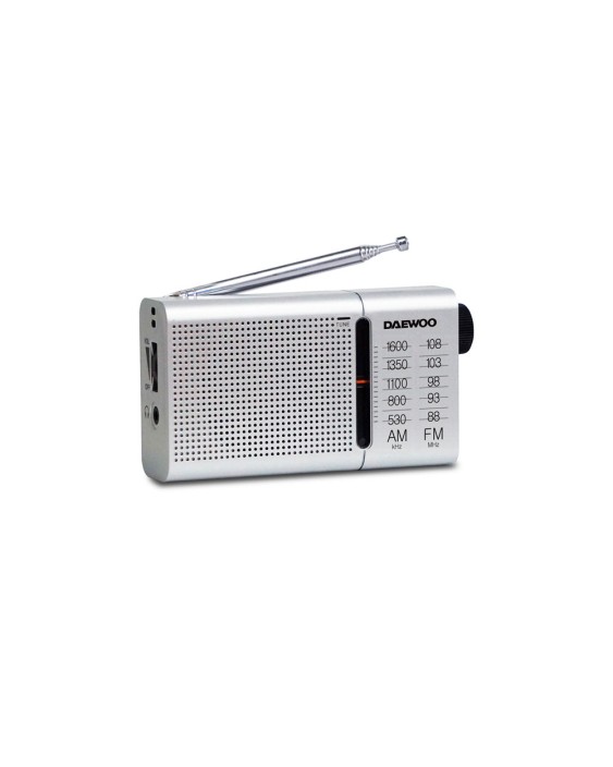 Radio portatil daewoo am/fm antena telescopica auriculares incluidos jack 3.5 mm color plata