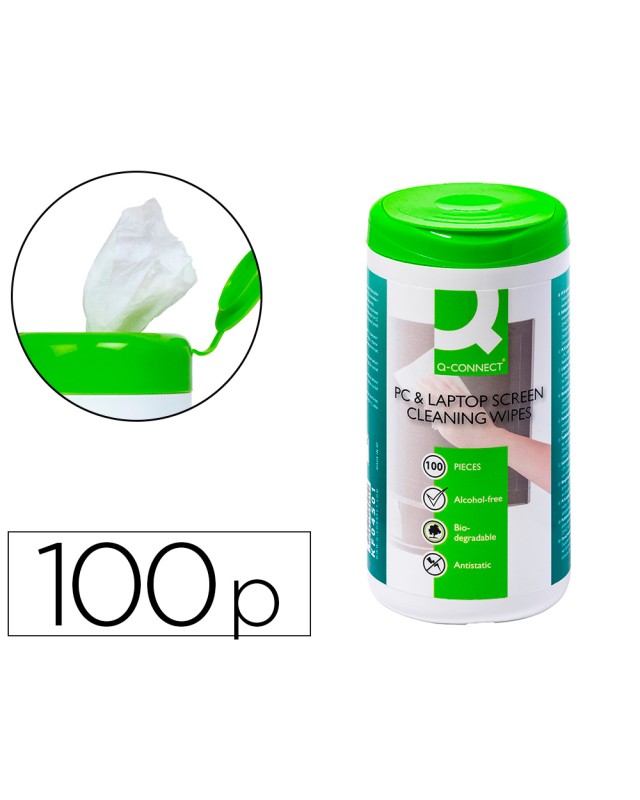 Toallitas q-connect limpiadora de pantallas y teclados bote de 100 unidades