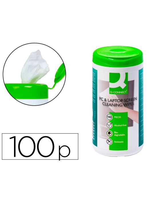 Toallitas q-connect limpiadora de pantallas y teclados bote de 100 unidades