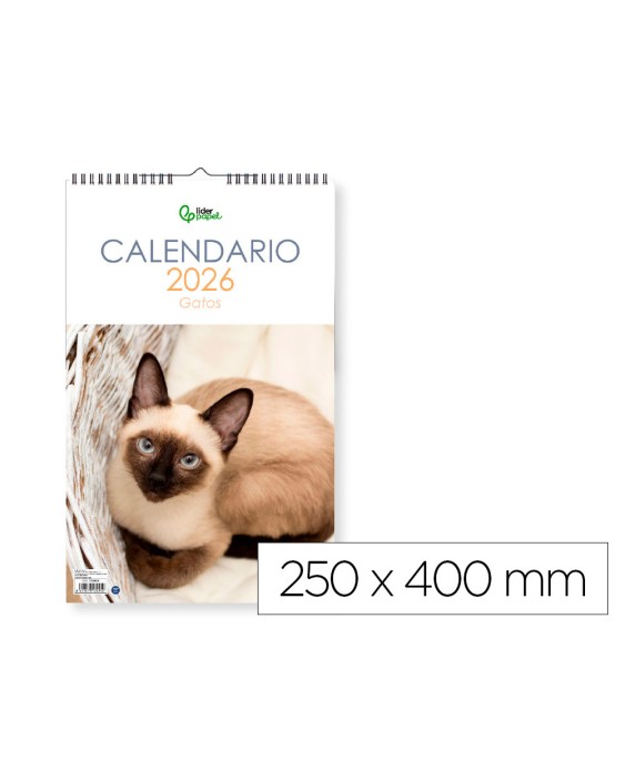 Calendario espiral pared liderpapel imagenes gatos 2026 para escribir 25x40 cm papel 157 g