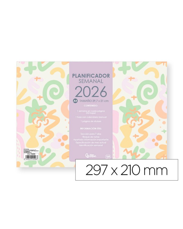 Planning semanal liderpapel joven 2026 29,7x21 cm din a4 con pegatinas papel 104 gr