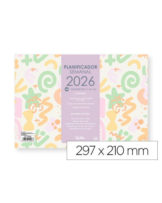 Planning semanal liderpapel joven 2026 29,7x21 cm din a4 con pegatinas papel 104 gr