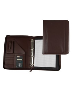 Carpeta portafolios q-connect cremallera 4 anillas 20 mm concalculadora con bolsa para movil color marron 260x355 mm