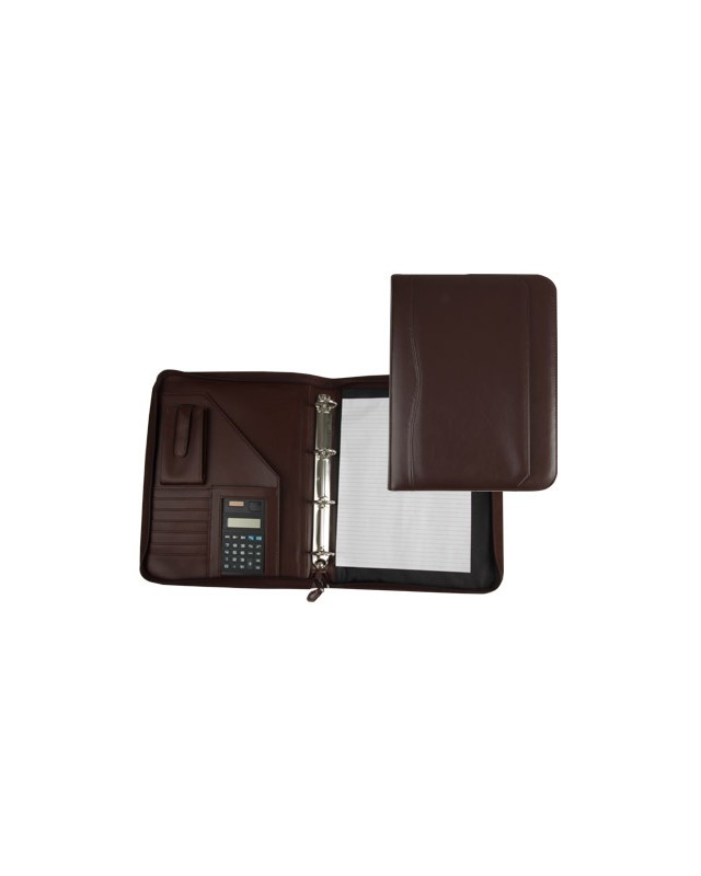 Carpeta portafolios q-connect cremallera 4 anillas 20 mm concalculadora con bolsa para movil color marron 260x355 mm