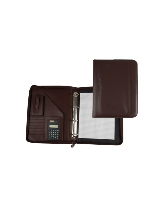 Carpeta portafolios q-connect cremallera 4 anillas 20 mm concalculadora con bolsa para movil color marron 260x355 mm