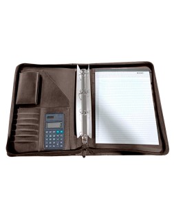 Carpeta portafolios q-connect cremallera 4 anillas 20 mm concalculadora con bolsa para movil color marron 260x355 mm