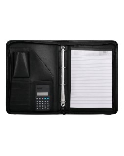 Carpeta portafolios q-connect cremallera 4 anillas 20 mm concalculadora con bolsa para movil color negro 260x355 mm