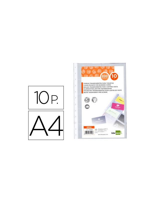 Recambio fundas liderpapel din a4 para tarjetero bolsa de 10 hojas capacidad 20 tarjetas por hoja