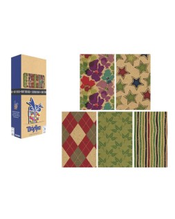 Papel de regalo basika kraft todo año rollo ancho 70 cm longitud 2 m diseños surtidos gramaje 50 g