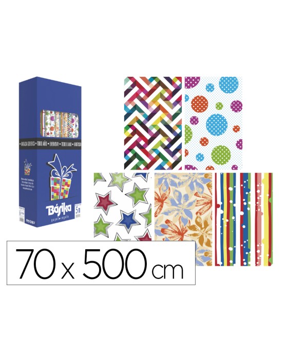 Papel de regalo basika todo año rollo ancho 70 cm longitud 5 m modelos surtidos gramaje 50 g