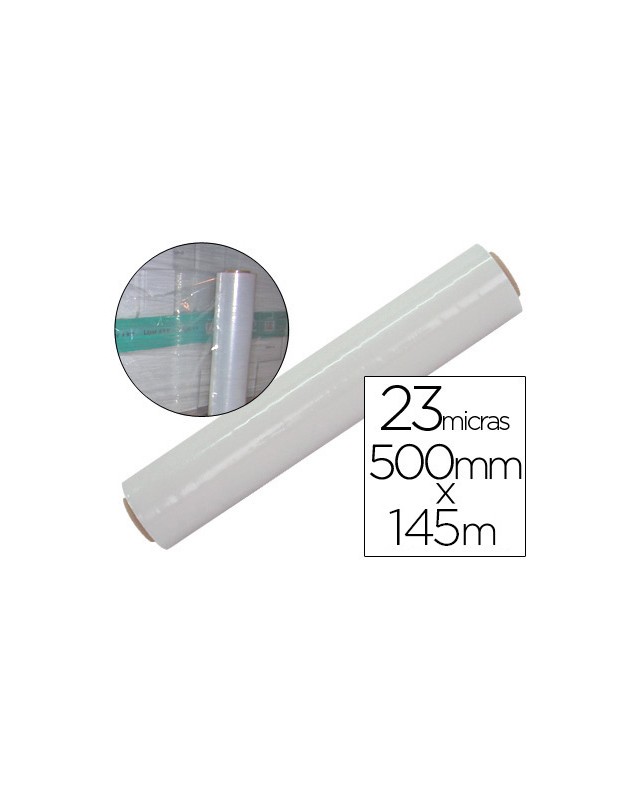 Film extensible q-connect manual ancho 500 mm largo 145 m espesor 23 micras transparente