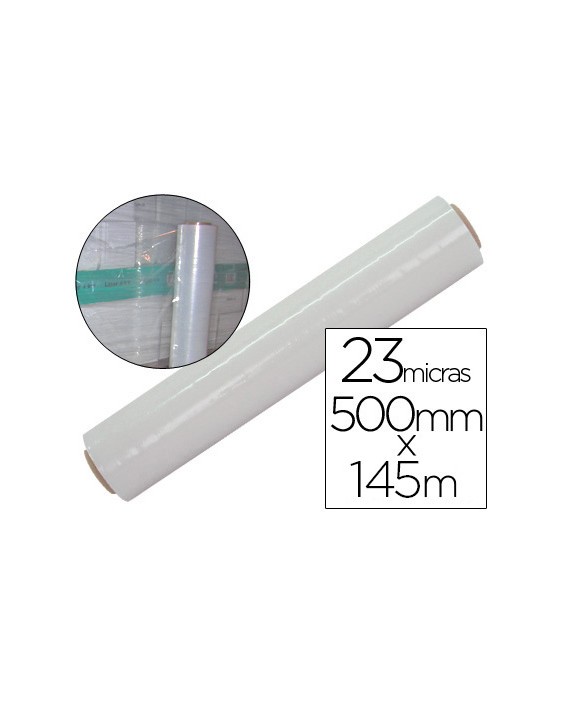 Film extensible q-connect manual ancho 500 mm largo 145 m espesor 23 micras transparente