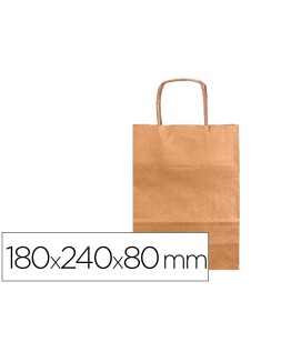 Bolsa papel q-connect kraft natural liso xs con asa retorcida 180x240x80 mm