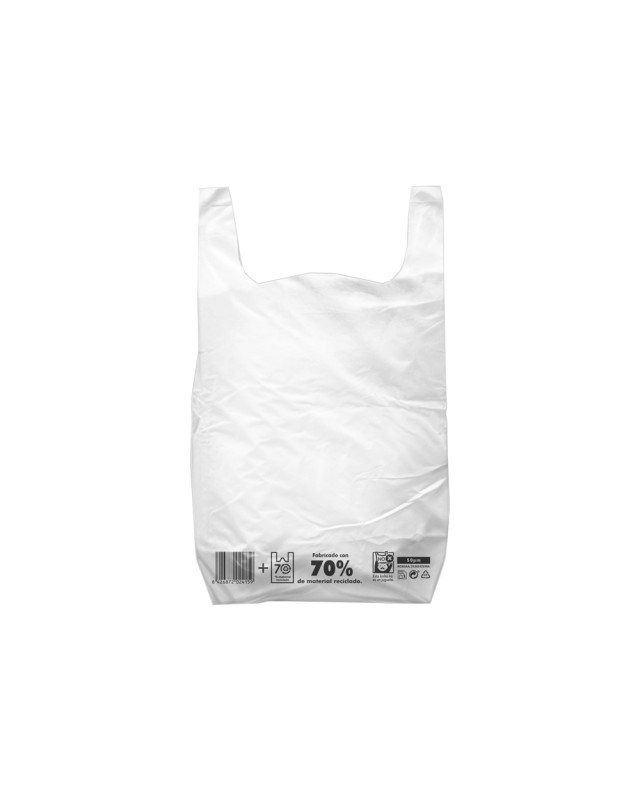 Bolsa camiseta reciclada 70% blanca 30x40 cm reutilizable 1 kg paquete de 90 unidades