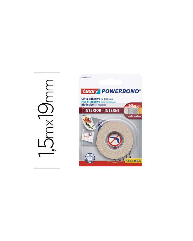 Cinta adhesiva doble cara tesa para interiores 1,5 m x 19 mm