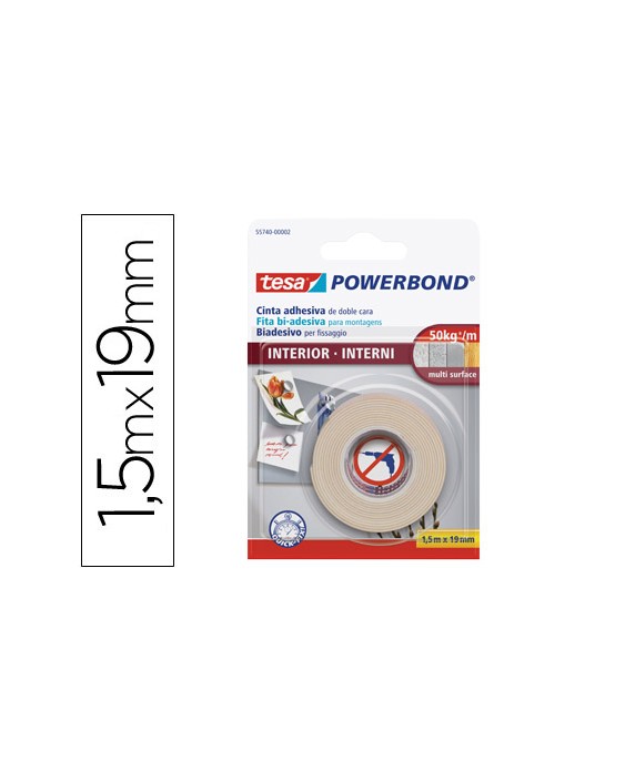 Cinta adhesiva doble cara tesa para interiores 1,5 m x 19 mm