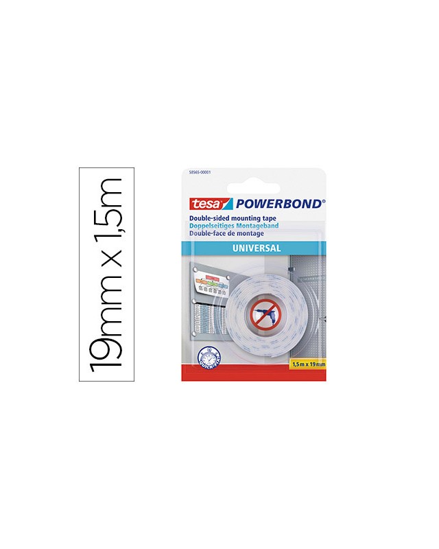 Cinta adhesiva tesa doble cara powerbond universal uso interior 1,5 m x 19 mm