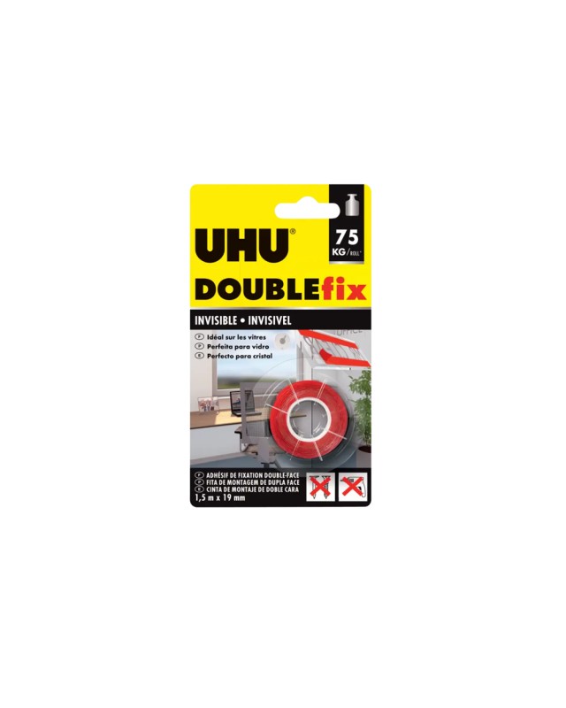 Cinta adhesiva uhu doublefix invisible doble cara extra fuerte 1,5 m x 19 mm