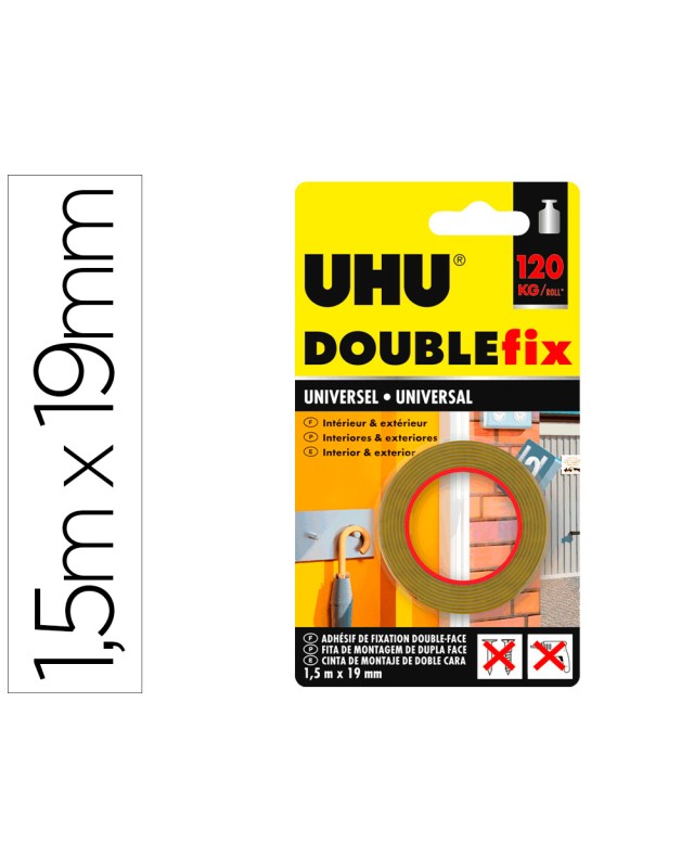 Cinta adhesiva uhu doublefix marron doble cara extra fuerte 1,5 m x 19 mm