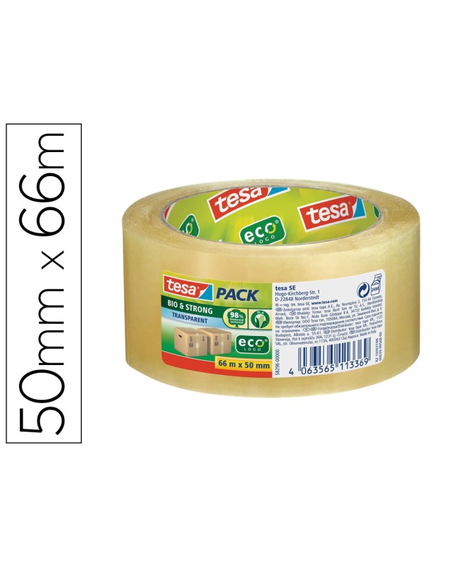 Cinta adhesiva tesa eco bio & strong transparente 66 m x 50 mm para embalaje