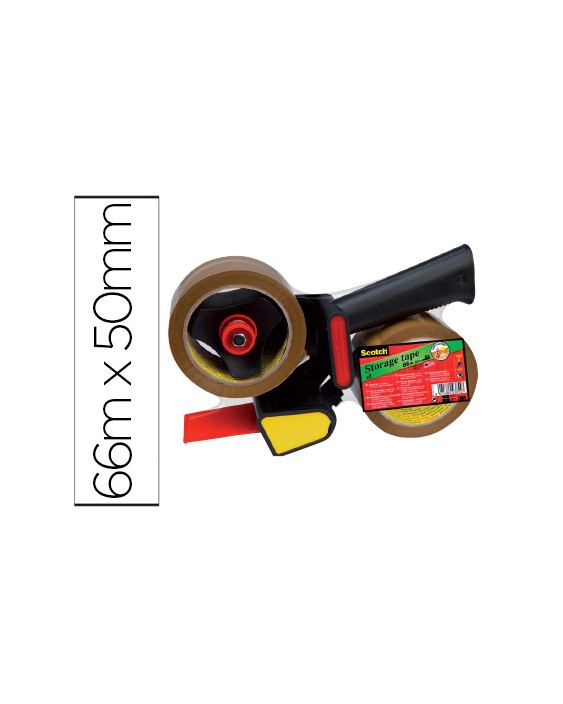 Portarrollo scotch para embalaje heavy duty bajo ruido con 2 rollos de cintas marron 50mm x 66mt