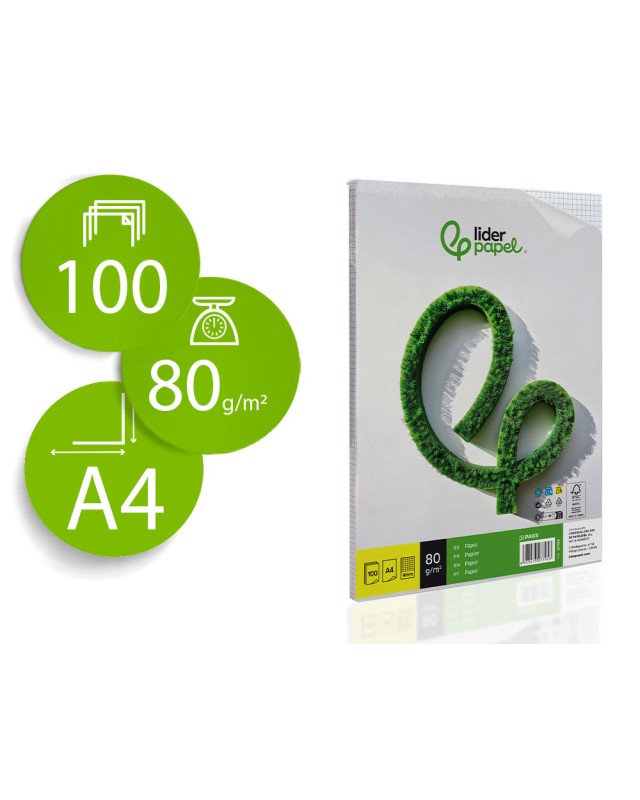 Papel liderpapel a4 80g/m2 sin taladros cuadro 4 mm paquete de 100 hojas