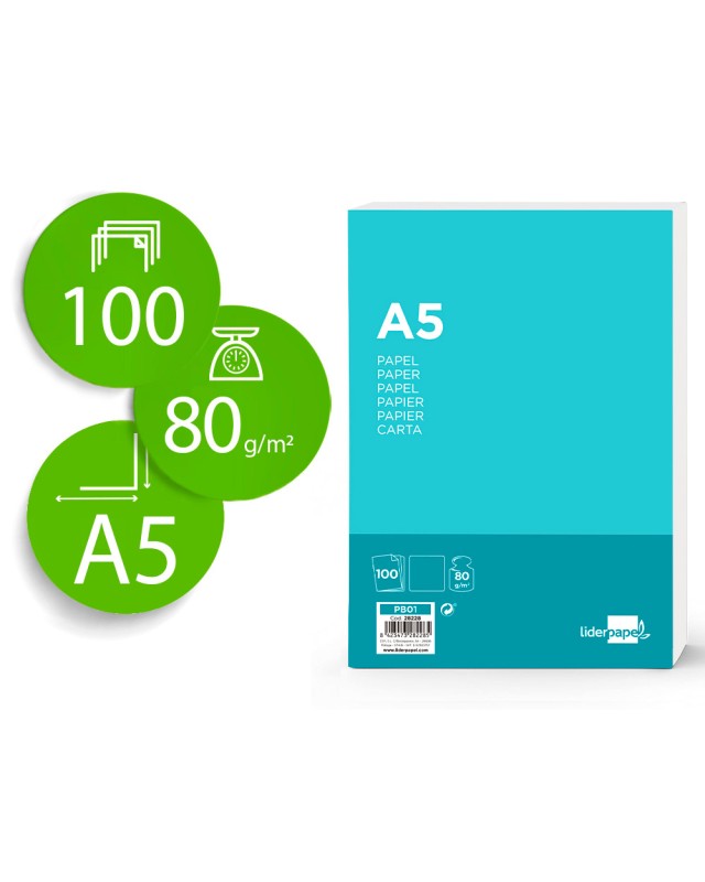 Papel liderpapel a5 80g/m2 liso paquete de 100 hojas
