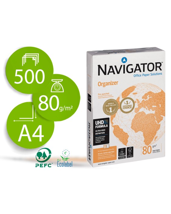 Papel fotocopiadora navigator din a4 80 gramos 4 taladros papel multiuso ink-jet y laser paquete de 500 hojas