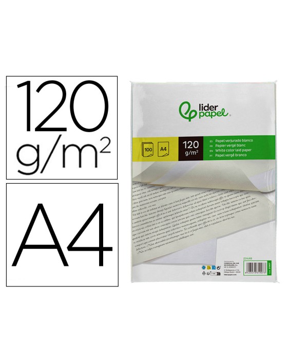 Papel verjurado liderpapel a4 120g/m2 blanco paquete de 100 hojas