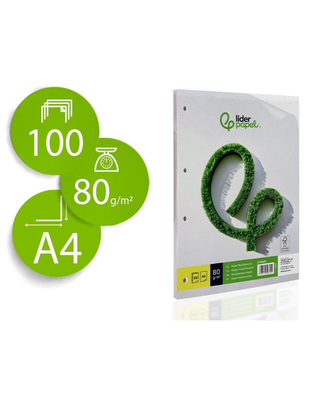 Papel liderpapel a4 80g/m2 liso 4 taladros paquete de 100 hojas