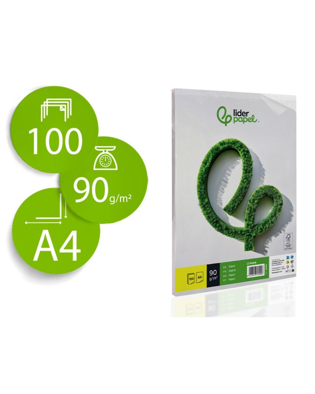 Papel liderpapel a4 90g/m2 liso paquete de 100 hojas