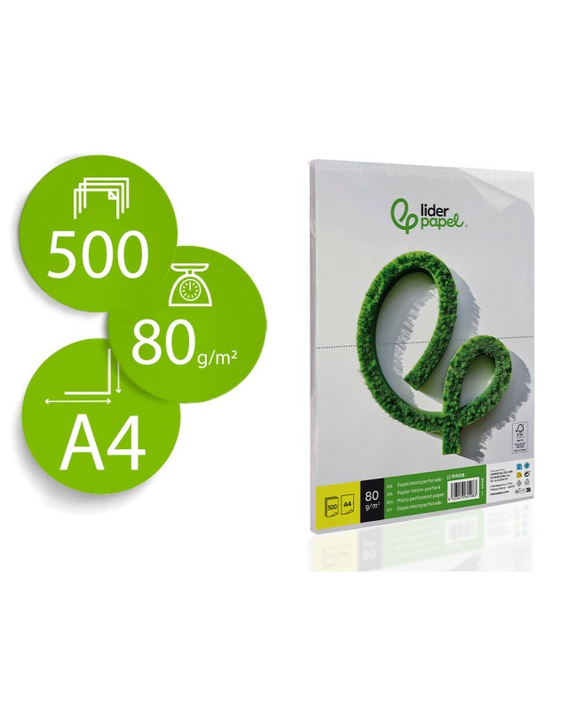 Papel liderpapel a4 80g/m2 liso microperforado en dos partes iguales paquete de 500 hojas