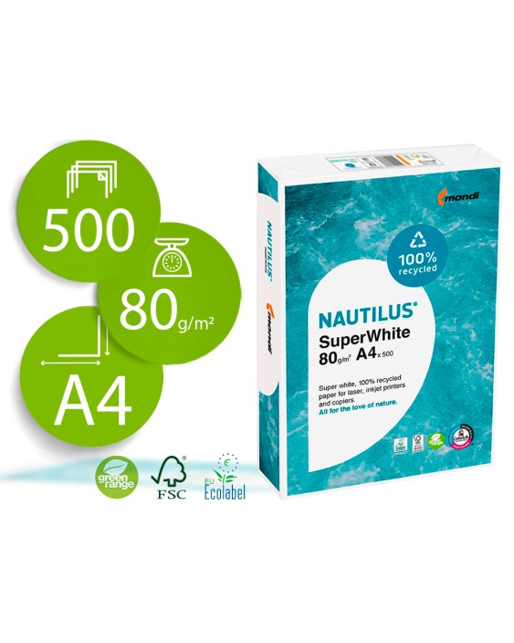 Papel fotocopiadora nautilus superwhite 100% reciclado din a4 80 gramos paquete de 500 hojas