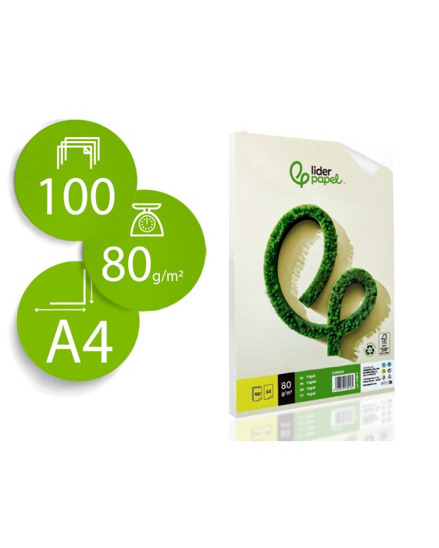 Papel liderpapel a4 80g/m2 reciclado liso paquete de 100 hojas