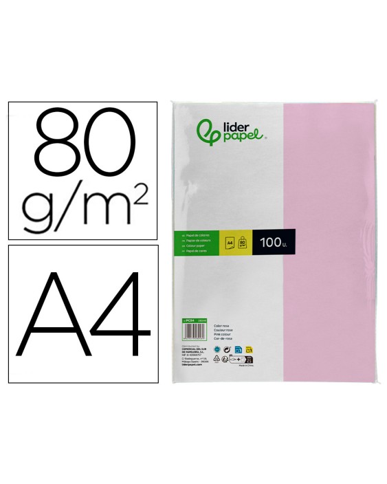 Papel color liderpapel a4 80gr rosa paquete de 100 hojas