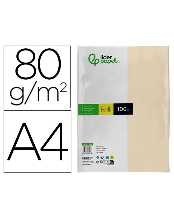 Papel color liderpapel a4 80gr crema paquete de 100 hojas