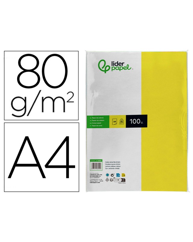 Papel color liderpapel a4 80gr limon paquete de 100 hojas