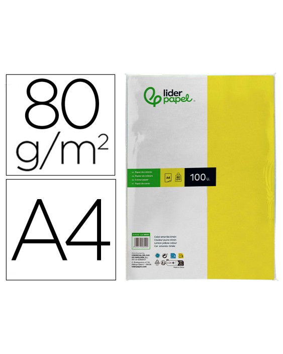 Papel color liderpapel a4 80gr limon paquete de 100 hojas