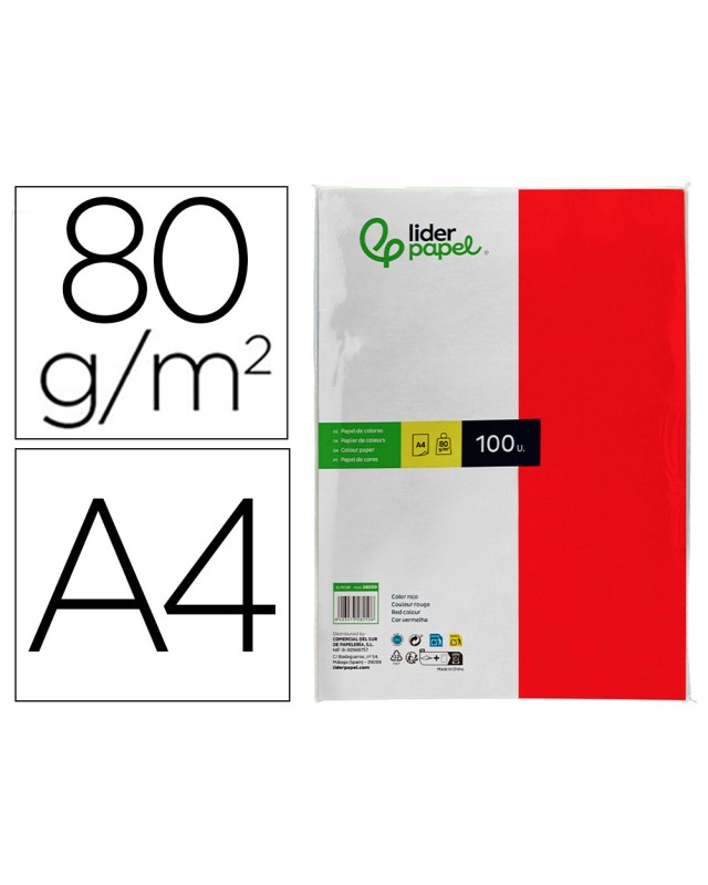 Papel color liderpapel a4 80gr rojo paquete de 100 hojas