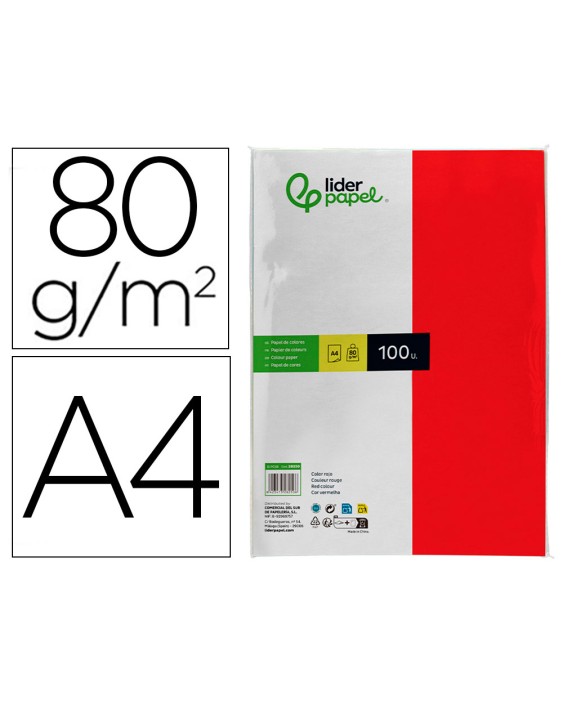 Papel color liderpapel a4 80gr rojo paquete de 100 hojas
