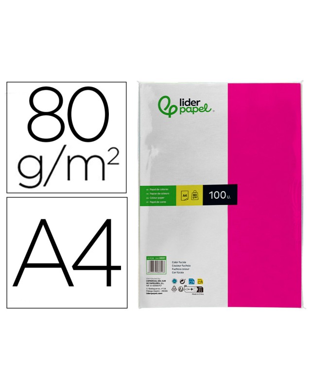 Papel color liderpapel a4 80gr fucsia paquete de 100 hojas