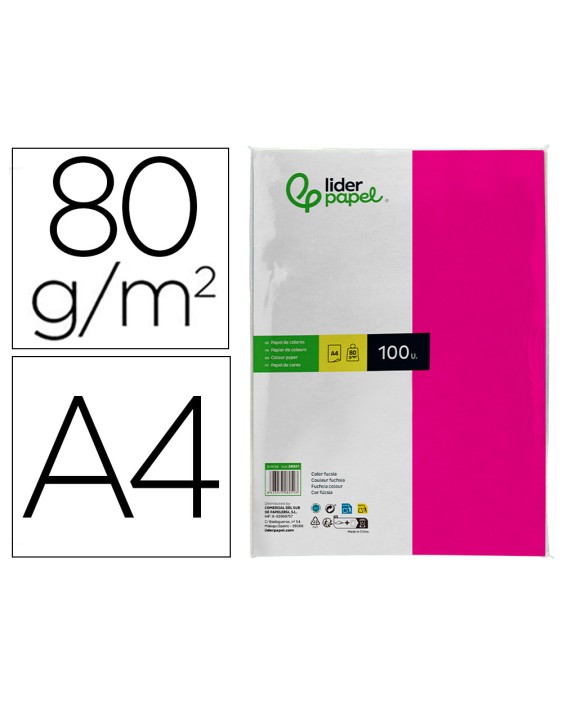 Papel color liderpapel a4 80gr fucsia paquete de 100 hojas