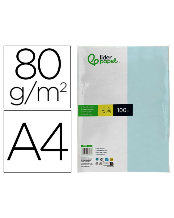 Papel color liderpapel a4 80gr celeste paquete de 100 hojas