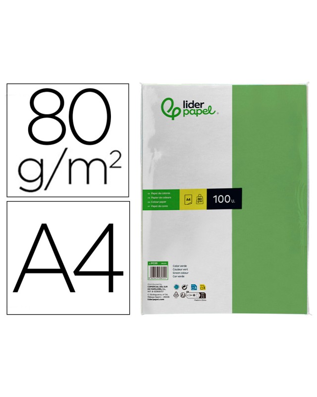 Papel color liderpapel a4 80gr verde paquete de 100 hojas