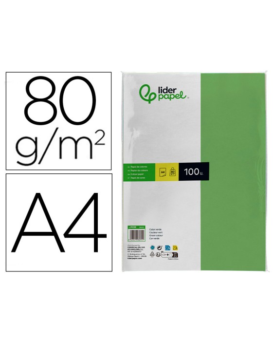 Papel color liderpapel a4 80gr verde paquete de 100 hojas
