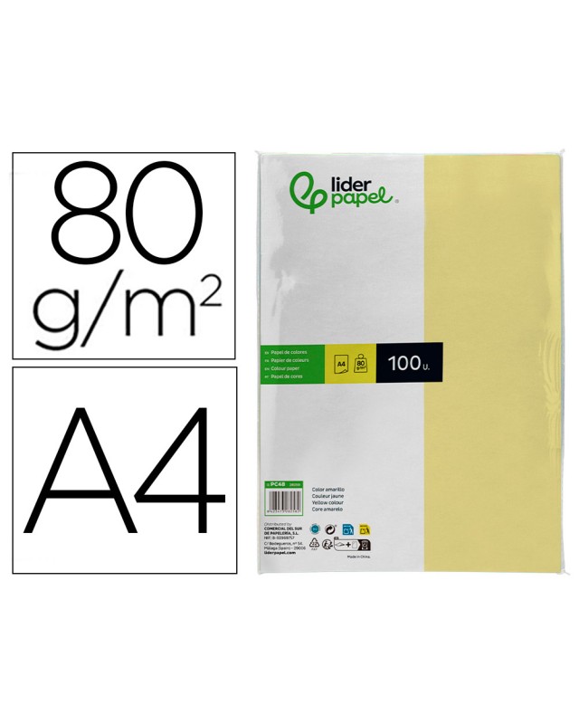 Papel color liderpapel a4 80gr amarillo paquete de 100 hojas