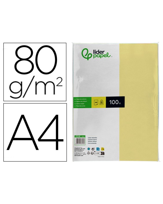 Papel color liderpapel a4 80gr amarillo paquete de 100 hojas