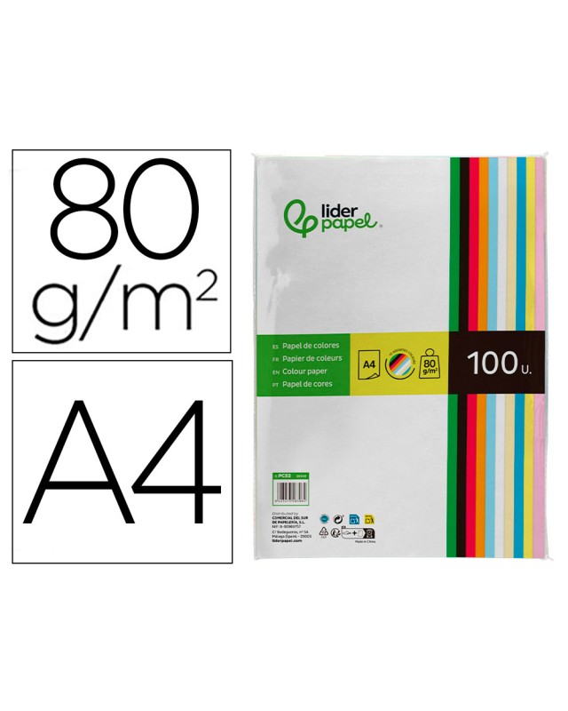 Papel color liderpapel a4 80gr 10 colores surtidos paquete de 100 hojas